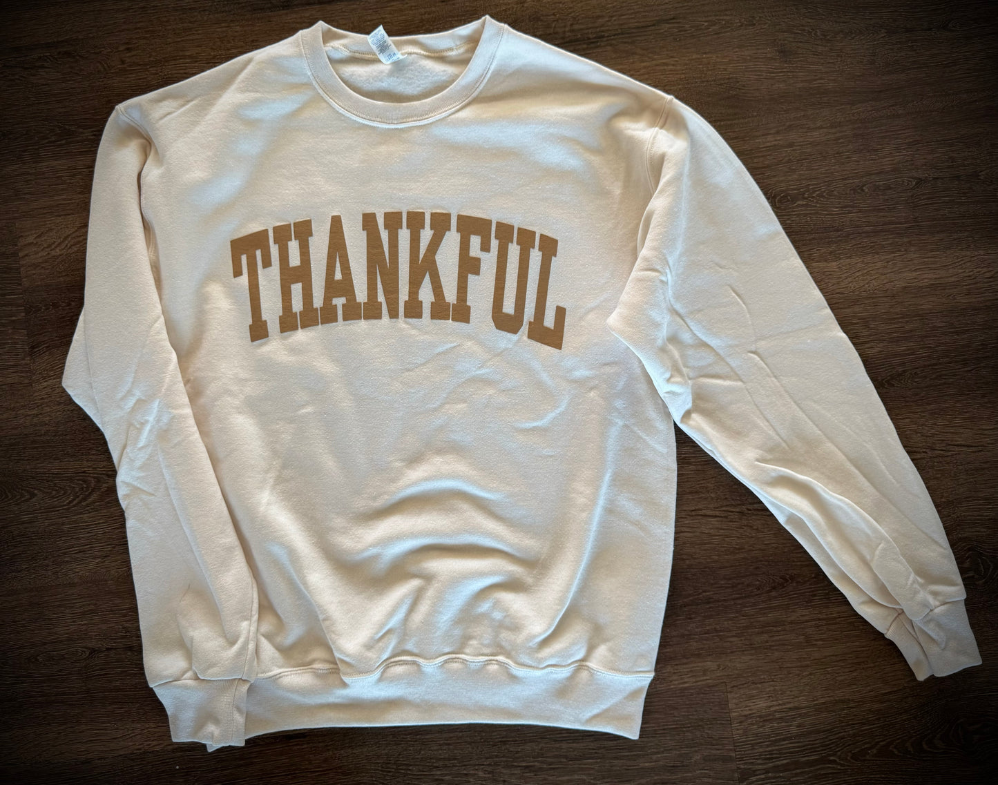 Thankful Block letters PUFF Crew Sweatshirt- cream/brown