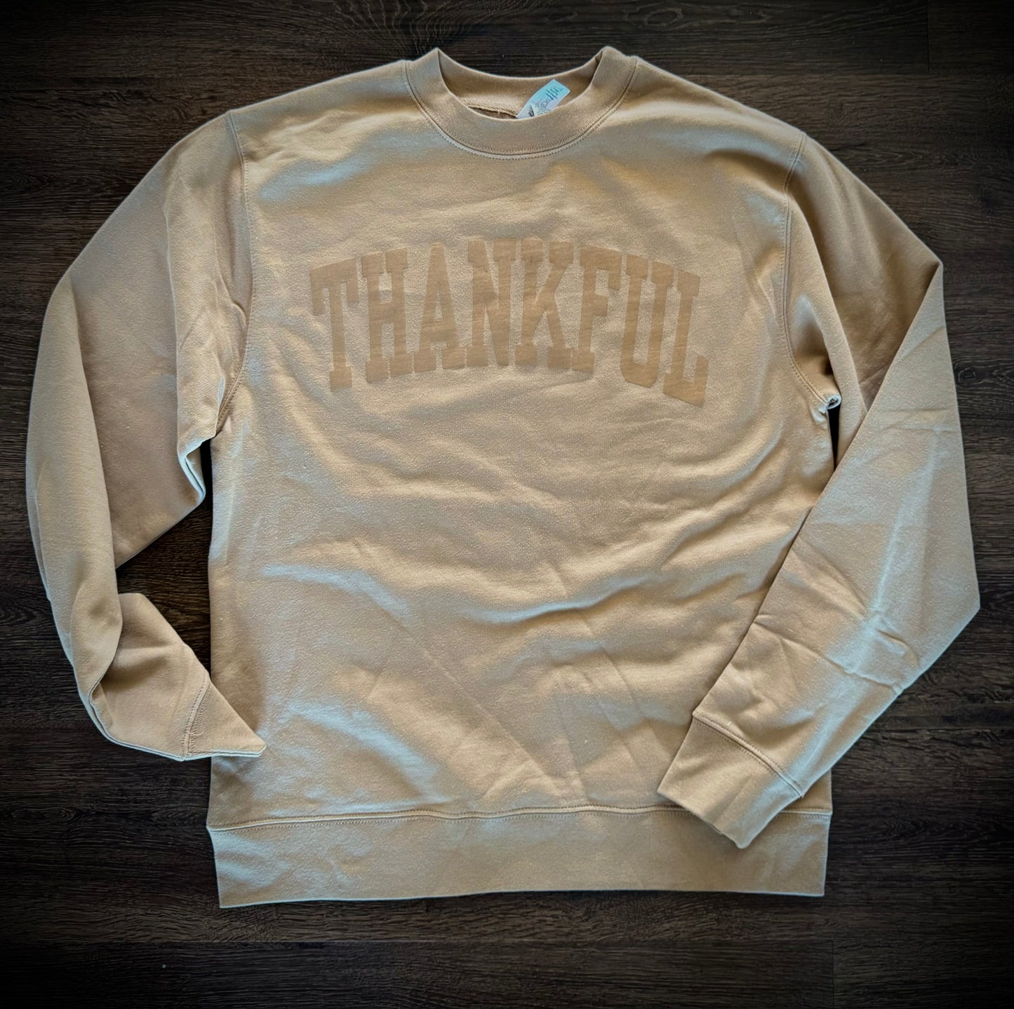 Thankful Block letters PUFF Crew Sweatshirt- Carmel