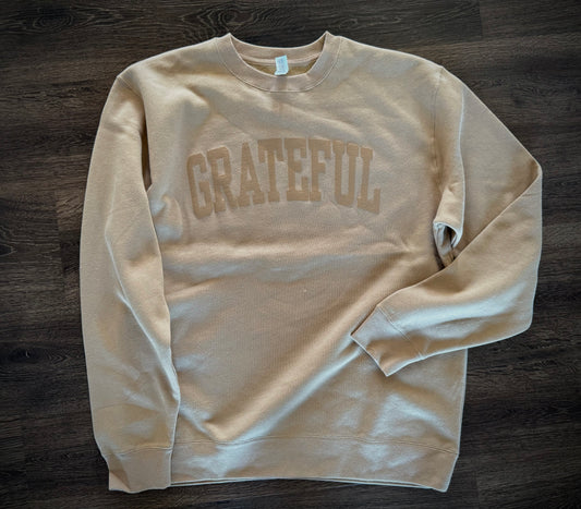 Grateful Block letters PUFF Crew Sweatshirt- Carmel