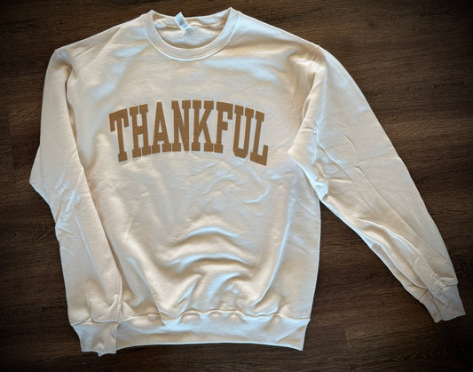 Thankful Block letters PUFF Crew Sweatshirt- cream/brown