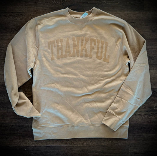 Thankful Block letters PUFF Crew Sweatshirt- Carmel